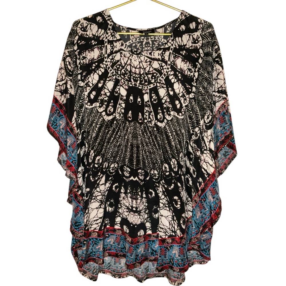 Tolani 100% Silk Elephant Print Caftan Tunic Blouse Gypsy boho lagenlook